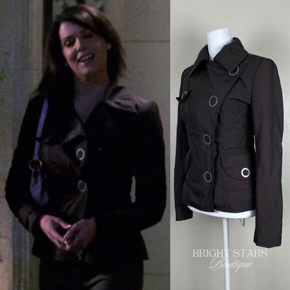 Rare Brown Jacket ASO Lorelai Gilmore Girls Moto Snap Button Casual Fall - Picture 4 of 12